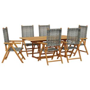 vidaXL Градински трапезен комплект, 7 части, сив, полиратан и масив