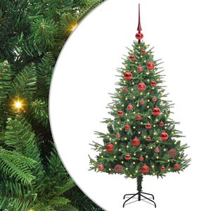 vidaXL Изкуствена светена коледна елха с комплект топки Зелено 150 cm