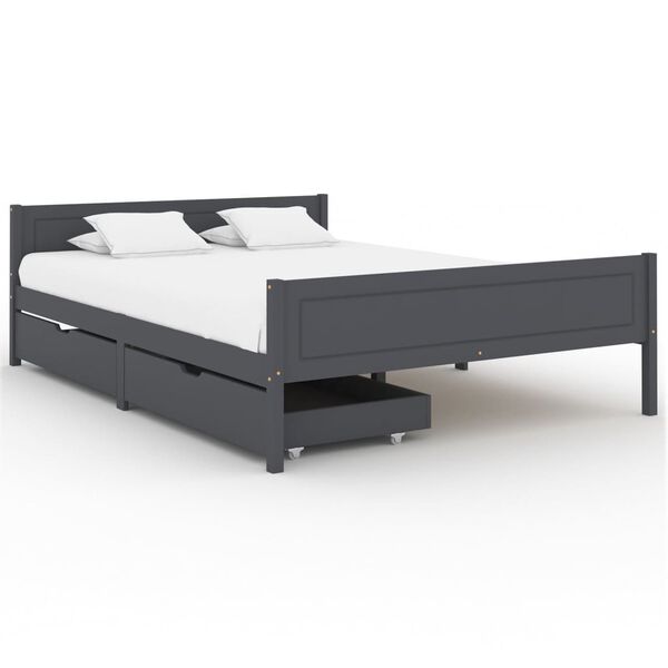 vidaXL Рамка за легло с 2 чекмеджета, тъмносива, бор масив, 160x200 см