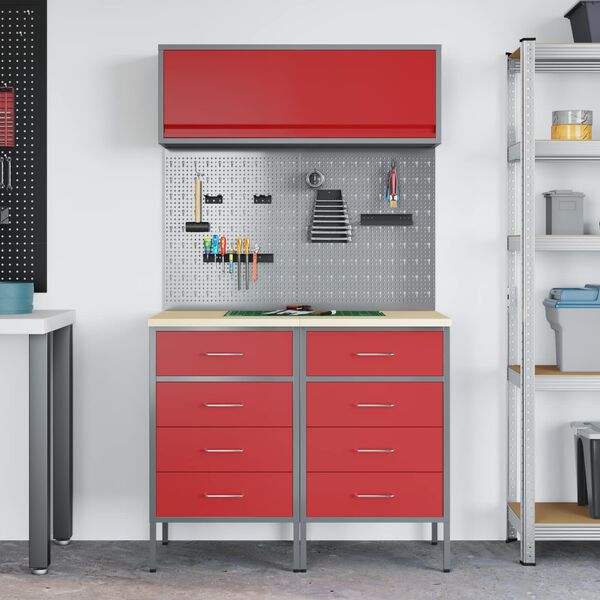 vidaXL Комплект работни шкафове с чекмедже с рафт 5 pcs Червено