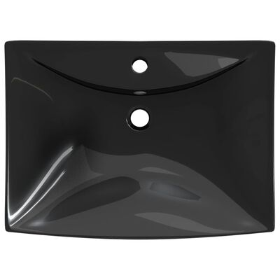 Черна керамична мивка с преливник и отвор за смесител, правоъгълна