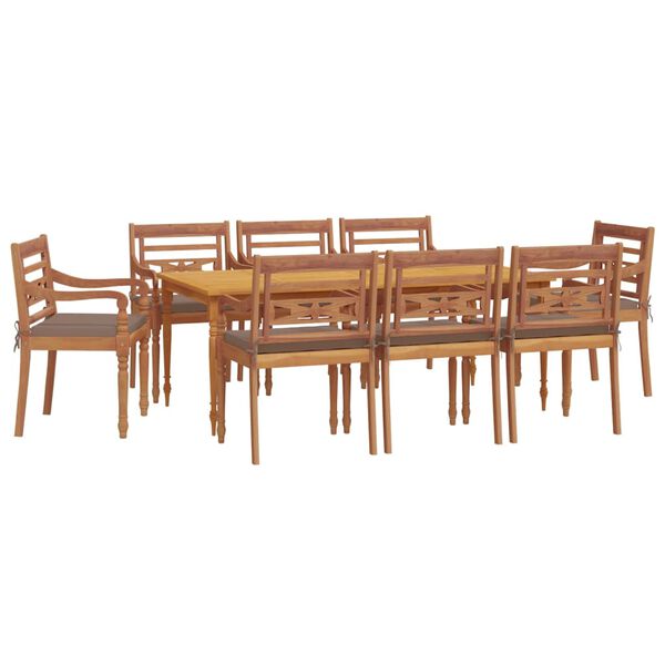 vidaXL Градински трапезен комплект, 9 части, с възглавници, тик масив