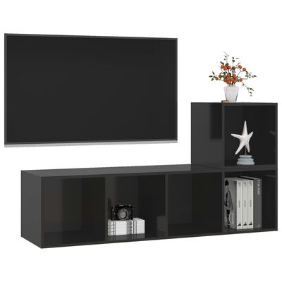 vidaXL Комплект ТВ шкафове от 2 части, черен гланц, ПДЧ