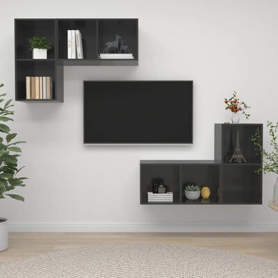 vidaXL ТВ шкафове за стенен монтаж, 4 бр, сив гланц, ПДЧ