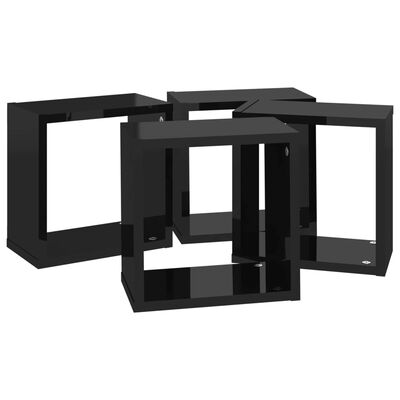 vidaXL Стенни кубични рафтове, 4 бр, черен гланц, 26x15x26 см