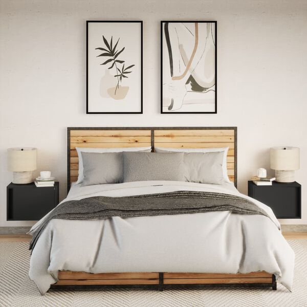 vidaXL Нощни шкафчета за стена с LED осветление, 2 бр, черни