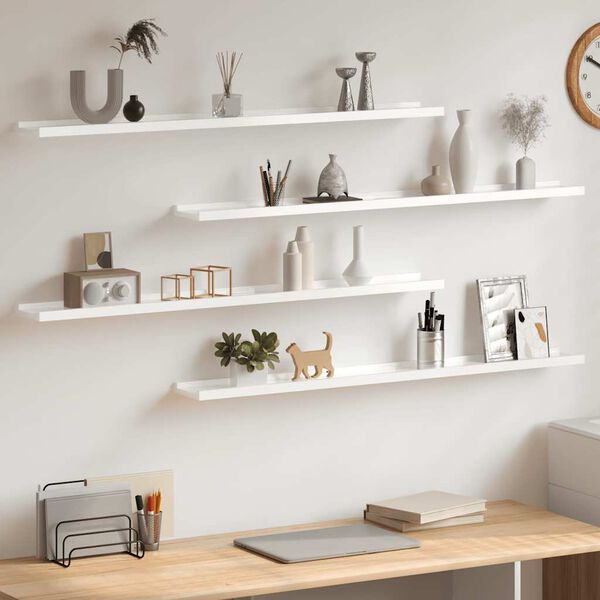 vidaXL Стенни рафтове, 4 бр, бял гланц, 100x9x3 см