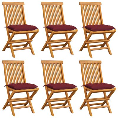 vidaXL Градински столове с виненочервени възглавници 6 бр тик масив