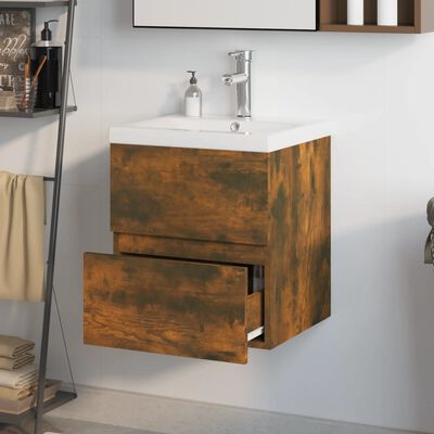 vidaXL Шкаф за мивка с вградена мивка, опушен дъб, инженерно дърво