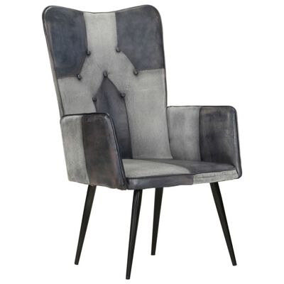 vidaXL Wingback стол, сив, естествена кожа