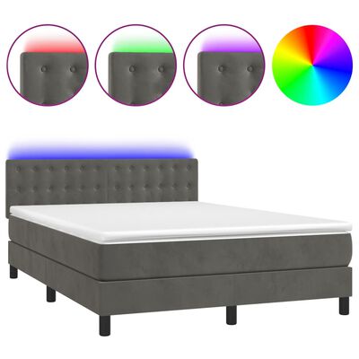 vidaXL Боксспринг легло с матрак и LED, тъмносиво, 140x200 см, кадифе