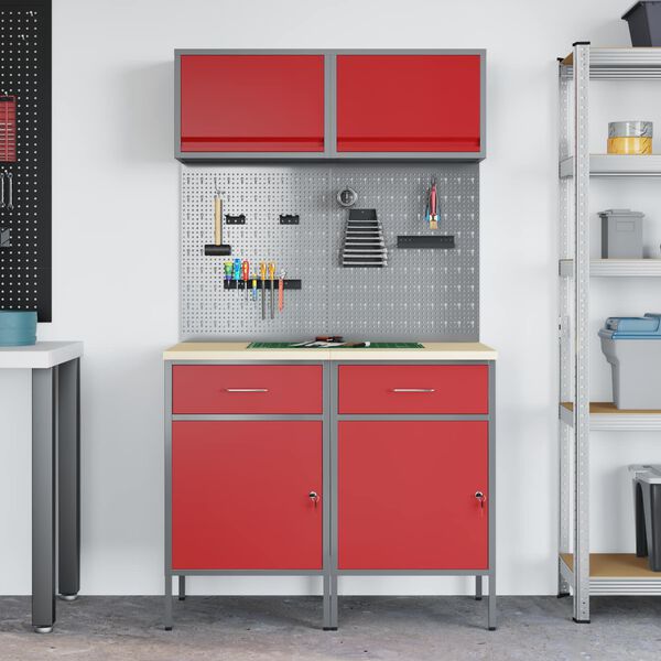 vidaXL Комплект работни шкафове с чекмедже с рафт 6 pcs Червено
