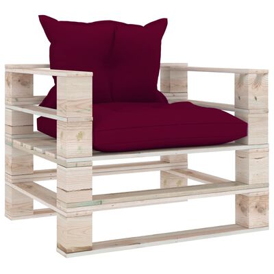 vidaXL Градински палетен диван с виненочервени възглавници, бор