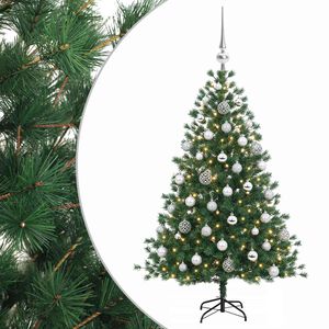 vidaXL Изкуствена коледна елха с топки 150 см 150 LED светодиода