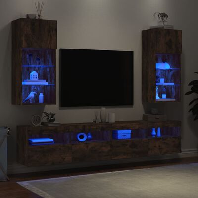 vidaXL ТВ шкафове с LED осветление, 2 бр, опушен дъб, 40,5x30x90 см