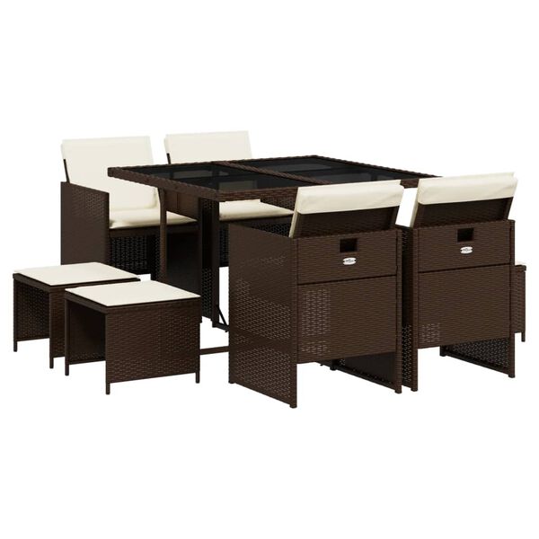 vidaXL Градински трапезен комплект възглавници 9 части кафяв полиратан