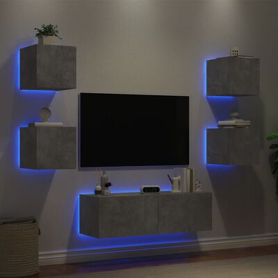 vidaXL ТВ стенни шкафове, 5 части, с LED светлини, бетонно сиви