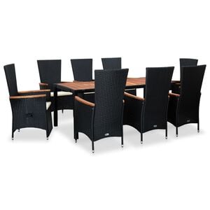 vidaXL Градински комплект с възглавници, 9 части, полиратан, черен