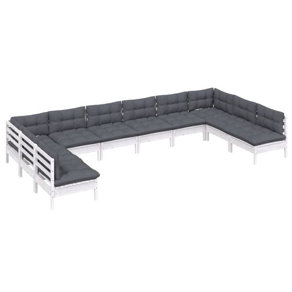 vidaXL Градински лаундж комплект с възглавници 10 части бял бор масив