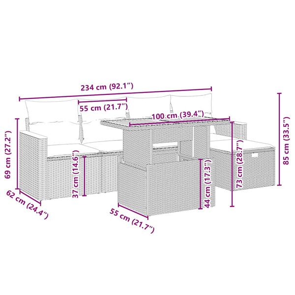 vidaXL Градински диван с възглавници, 6 части, бежов полиратан