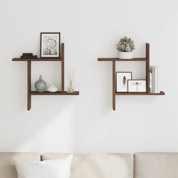 vidaXL Стенни рафтове, 2 бр, кафяв дъб, 50x12x50 см, инженерно дърво