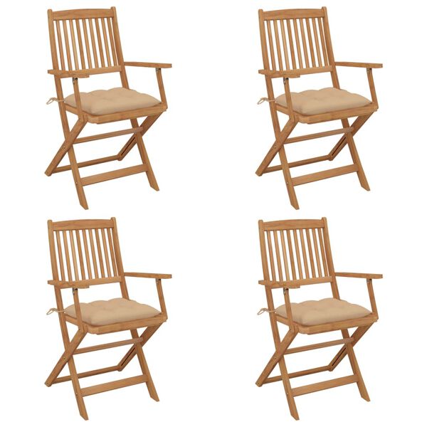 vidaXL Сгъваеми градински столове, 4 бр, с възглавници, акация масив
