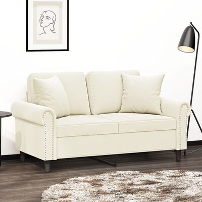 vidaXL 2-местен диван с декоративни възглавници кремав 120 см кадифе