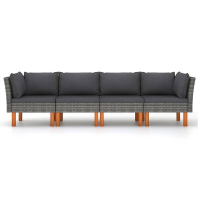 vidaXL 4-местен градински диван с възглавници, сив полиратан