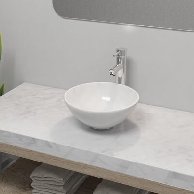 vidaXL Мивка за баня със смесител, керамична, кръгла, бяла