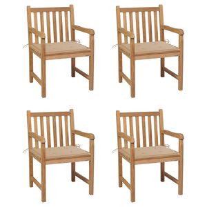 vidaXL Градински столове, 4 бр, бежови възглавници, тиково дърво масив