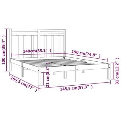 vidaXL Рамка за легло, сива, дърво масив, 140x190 см