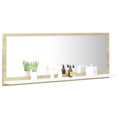 vidaXL Огледало за баня, бяло и дъб сонома, 100x10,5x37 см, ПДЧ