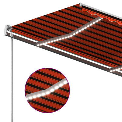 vidaXL Ръчно прибиращ се сенник с LED, 350x250 см, оранжево и кафяво