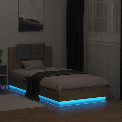 vidaXL Рамка за легло с табла и LED осветление, дъб сонома, 90x190 см