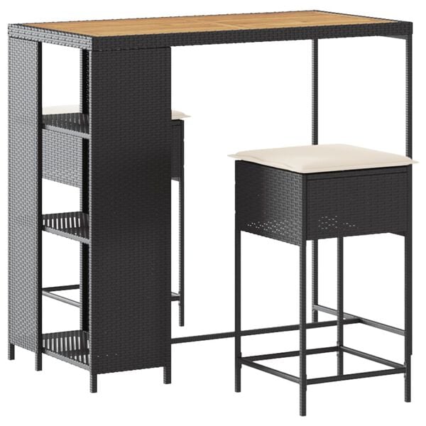 vidaXL Градински бар комплект от 3 части с възглавници черен полиратан