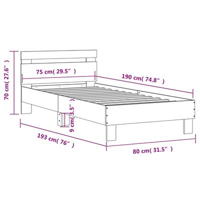 vidaXL Рамка за легло с табла и LED осветление, опушен дъб, 75x190 см