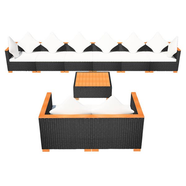 vidaXL Градински комплект с възглавници, 9 части, черен полиратан