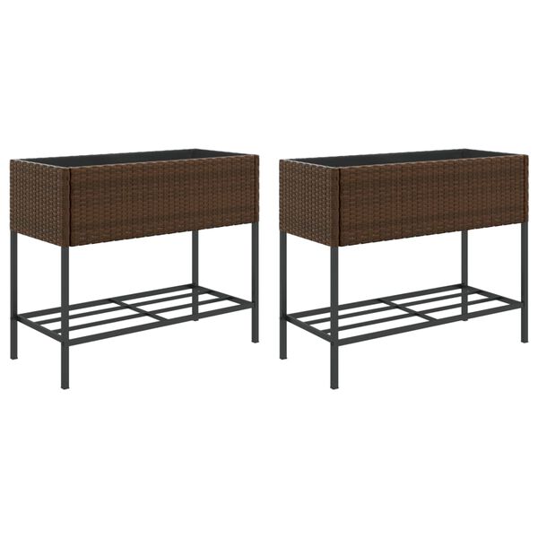 vidaXL Градински плантери с рафт, 2 бр, кафяв, 90x40x75 см, полиратан