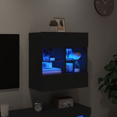 vidaXL Стенен ТВ шкаф с LED осветление, черен, 58,5x30x60,5 см