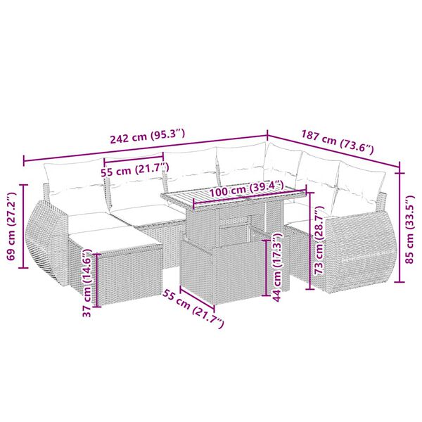 vidaXL Градински диван с възглавници, 8 части, бежов полиратан