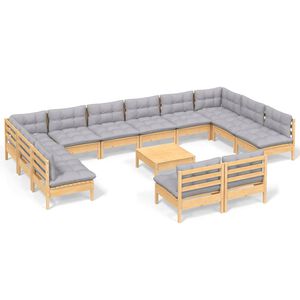 vidaXL Градински комплект със сиви възглавници, 13 части, бор масив