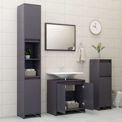 vidaXL Комплект мебели за баня от 3 части, сив гланц, ПДЧ