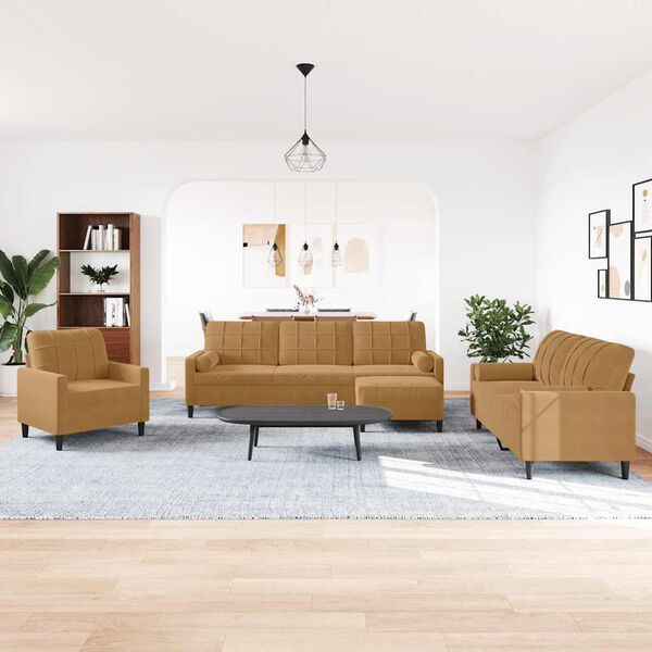 vidaXL Мека мебел от 4 части с възглавници и болстери кафяв кадифе