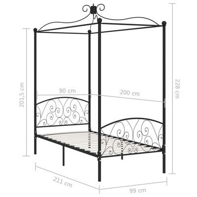 vidaXL Рамка за легло с балдахин, черна, метал, 90x200 cм