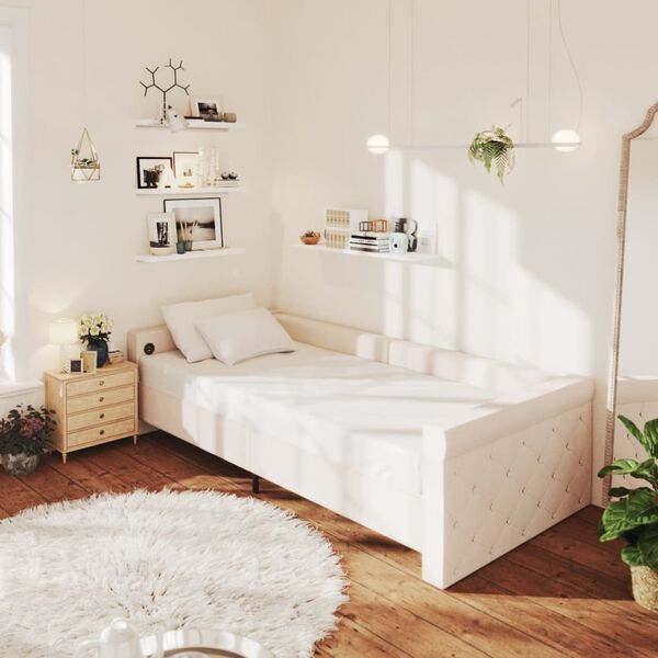 vidaXL Дневно легло, USB, Кремав, текстил, 90х200 см