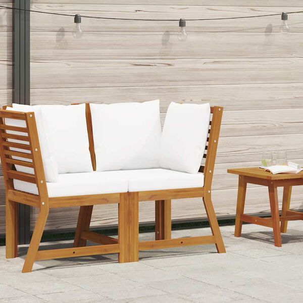 vidaXL Модулен ъглов диван, кремави възглавници, акациево дърво масив