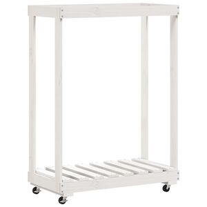 vidaXL Поставка за дърва с колелца, бяла, 76,5x40x108 см, бор масив