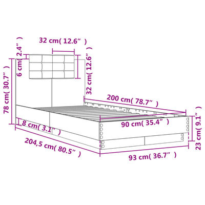 vidaXL Рамка за легло с табла и LED осветление, сив сонома, 90x200 см