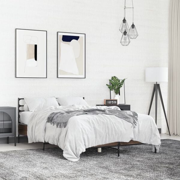 vidaXL Рамка за легло, кафяв дъб, 120x200 см, инженерно дърво и метал