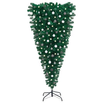 vidaXL Обърната изкуствена осветена коледна елха, с топки, 180 см